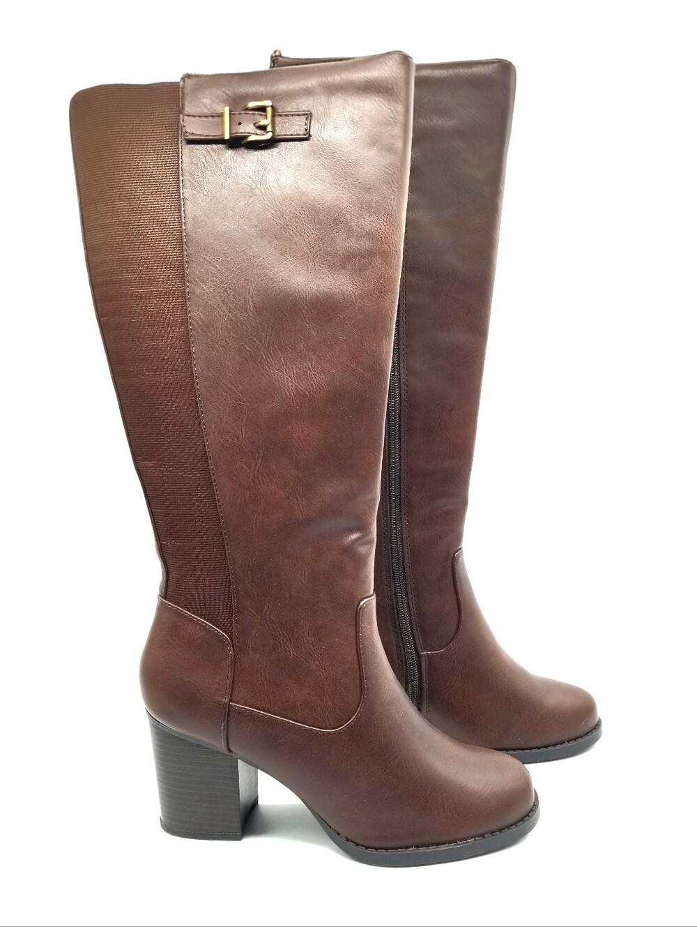 NWOB Soda Brown FAUX Leather & Stacked Heel Knee High Boots - Size 9